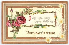 1909 Birthday Greetings Flower Red Roses Bordered Wishes Card Posted Postcard picture