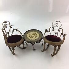 Vintage Tramp Art Folk Red Velvet Can Chairs & Table Scrolls 1940’s Miniature picture