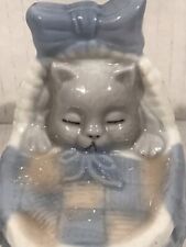 Kitten in Bassinet Crib White and Blue Hand Painted Porcelain Figurine Vintage picture