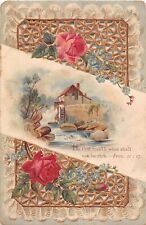 Die-Cut Old Religious Sunday School Card-Bible Verse With Mill Scene & Roses picture