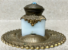 Antique French Brass Inkwell with opaline  and blue (turquoise?) stone picture