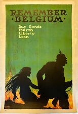 ORIG 20 x 30 REMEMBER BELGIUM WWI War Poster Vintage Liberty Bonds Mounted  picture