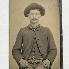 Antique Tintype Photograph Handsome Man Cowboy Hat Mustache Polka Dot Bow Tie picture