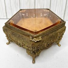 Antique Ormolu Beveled Amber Glass Gold Filigree Jewelry Casket Box Claw Foot picture