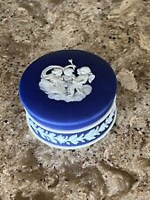 Vintage Wedgwood Ring Holder Trinket Box Lidded Jar Cobalt Blue Angels Cherubs picture