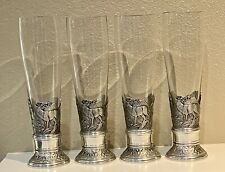 Vintage SKS ZINN German Pilsner Beer Glasses With Metal Bases ~ Set Of 4 picture
