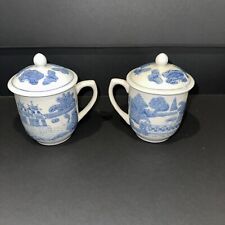 Pair Of Vintage Pier 1 Asian Tea Cups White & Blue Porcelain With Lids picture