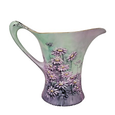 Vintage Bavaria Cacilie JHR Milk Jug Pitcher Purple Daisy Flower Painted Green picture