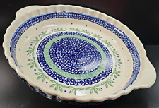 Boleslawiec Polish Pottery Pie Dish Handles Floral Blue Green Leaves Bake Quiche picture