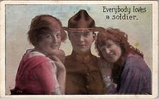 WWI Everybody Loves A Soldier Handsome US Soldier and Two Women Postcard Z2 picture