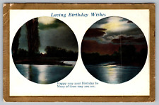 Postcard Loving Birthday Wishes River Scene & 1/2 Penny Stamp VTG c1912  H19 picture