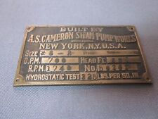 Vintage AS CAMERON STEAM PUMP punk WORKS NEW YORK NY USA Brass METAL sign PLAQUE picture