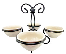 Longaberger Wrought Iron DESSERT CADDY & 4 Ivory Woven Traditions Pottery Bowls picture