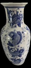 Vtg Chinese Blue & White Koi Fish porcelain vase 11.75” picture