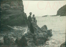 1954 Cornwall Tintagel on Rocks tide in Father son Original 3.4x2.4
