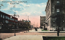 VINTAGE POSTCARD STREET SCENE LAMPOSTS PEOPLE STORES SUPERIOR WISCONSIN 1915 picture