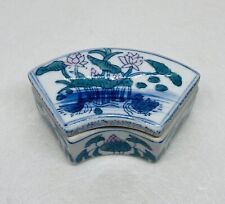 Rare Blue White Porcelain Trinket Box Fan Shaped Lotus Flower 4” Art Decor 23 picture