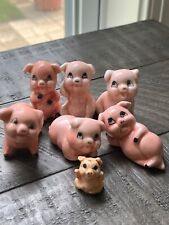 Lot of 6 Vintage Miniature Bone China Porcelain Pink Pig Figurines Happy Faces   picture