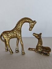 Pair Solid Brass GIRAFFES Mother Mom & Baby Calf African Animal Decor Figurines picture