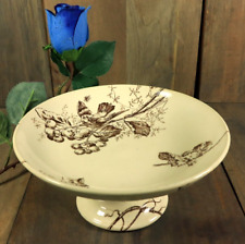 Antique French Compote Footed Bowl Ironstone Brown Transferware Aesthetic Bird picture