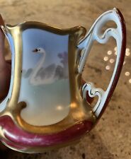 🔥Lovely Rare Art Nouveau Gilt Iridescent China Sugar & Creamer Painted Swans picture