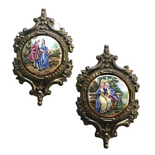 Set of 2 Romantic Hand Painted Scenes / Gold Edges in a Heavy Metal Wall Hanger picture