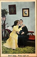 Romantic Couple Pretty Lady Kisses Shy Man Minister Vintage Love Postcard 1907 picture