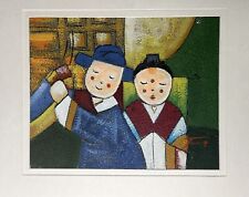 Vtg Orig Japanese Oil Painting Geisha & Man Signed Cool 3d Paint Texture & Style picture