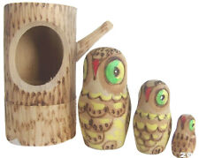 Owls in the hollow * Russian Nesting Doll * Wood burned 4 pcs / 3 in tall  * owl picture