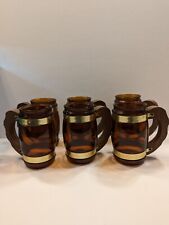 VTG Siesta Ware Set Of 6 Brown Amber Barrel Style Glass Wooden Handle Mug picture