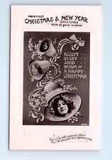 Heartiest Christmas & New Year Women Heads in Bells RPPC Postcard c.1909 picture