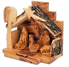 Jerusalem Olive Wood Nativity Set with Figurines, Bark Roof Stable Made in Be... picture