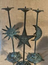 Sun Star & Moon Rustic Green Metal Candle Stick Holders 11” picture