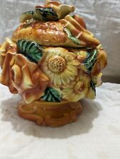  1940s Floral Canister Lidded Cookie Jar with Brown Glaze Made In Japan picture