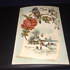 VINTAGE 1880’s VICTORIAN RED ROSE & BIRD OVER A HOUSE IN THE WINTER CARD  picture