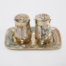 Alpaca Silver & Abalone Salt Pepper Shakers & Tray Barbara Walters Collection picture