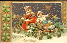 Antique Christmas Postcard Santa Riding 3 Wheel Motorcycle 4 Leaf Clover 1910 picture