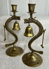 Vtg Solid Brass 10” Dragon Candlestick Holders W/Bell & Hammer Asian Set/2 Taper picture