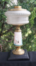 Antique 1870s Pattern Glass Oil Lamp - Hand Painted STORK Scene Milk Glass Stem picture