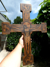 Vntage 60s Wood Carved pyrography 4 evangelists symbols crucifix cross rare picture