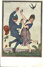 VINTAGE POSTCARD SIGNED ART WW I FRENCH SOLDIER AND MAIDEN IN IDYLLIC DANCE picture