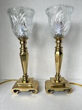 Vintage Beautiful Pair Brass Crystal Torchiere MCM Lamp Scroll Base Very Heavy picture