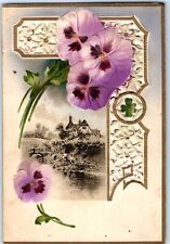 c1900s Empty Folding Greeting Card Art Nouveau Paper Lace Flower House Gilt C31 picture