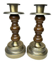 Set Of  2  Matching Vtg Antique Brass & Wood Taper Candle Stick Holders 9.5” picture