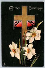 Easter Greetings Embossed Cross Lilies Flowers Tucks Troy NY 1913 Postcard picture
