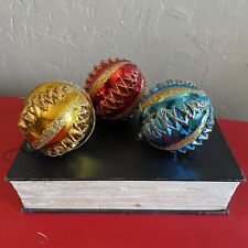 Vintage Set Of 3 Plastic Ornaments With Glitter Made In Italy Red Blue Yellow picture