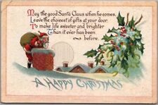 Vintage HAPPY CHRISTMAS Greetings Postcard SANTA CLAUS at Chimney / c1910s picture