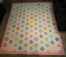 Vintage Early 1900s Grandmother's Flower Garden Mosaic Antique Quilt 89” X 103” picture