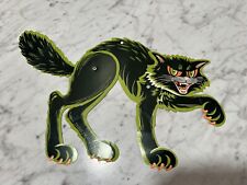 Beistle Vintage Halloween SCRATCH Scary Black Cat Die Cut Green Jointed Poseable picture