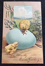 Vintage PFB Embossed Easter Postcard Blue Egg Baby Yellow Chicks picture